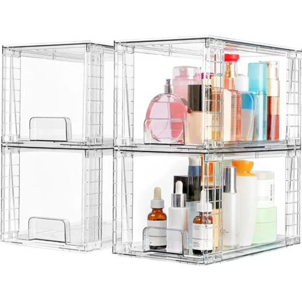 4 Pack Large Stackable Storage Drawers Easily Assemble Acrylic Bathroom Closet